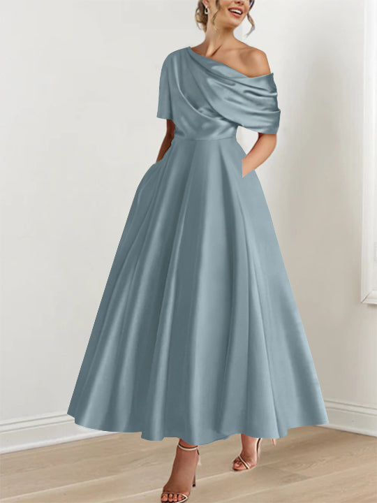 A-Line/Princess One-shoulder Half Sleeve Ankle-Length Mother of the Bride Dresses with Ruffles