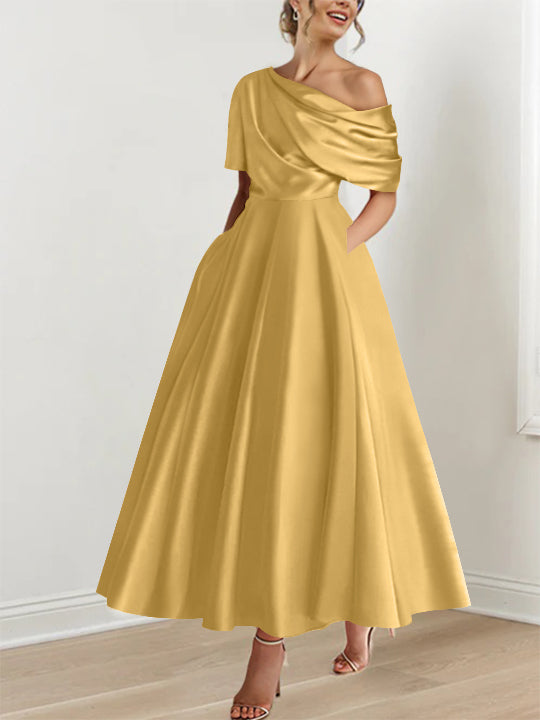 A-Line/Princess One-shoulder Half Sleeve Ankle-Length Mother of the Bride Dresses with Ruffles