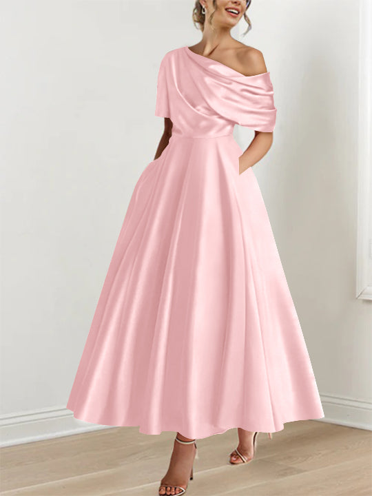 A-Line/Princess One-shoulder Half Sleeve Ankle-Length Mother of the Bride Dresses with Ruffles