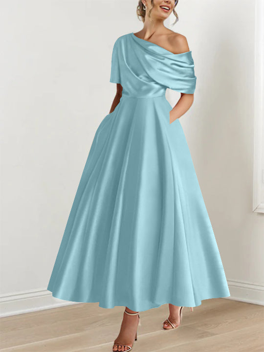 A-Line/Princess One-shoulder Half Sleeve Ankle-Length Mother of the Bride Dresses with Ruffles