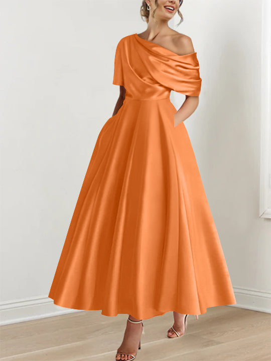 A-Line/Princess One-shoulder Half Sleeve Ankle-Length Mother of the Bride Dresses with Ruffles