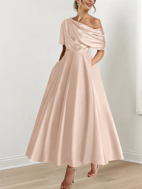 A-Line/Princess One-shoulder Half Sleeve Ankle-Length Mother of the Bride Dresses with Ruffles