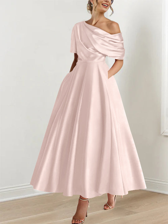 A-Line/Princess One-shoulder Half Sleeve Ankle-Length Mother of the Bride Dresses with Ruffles