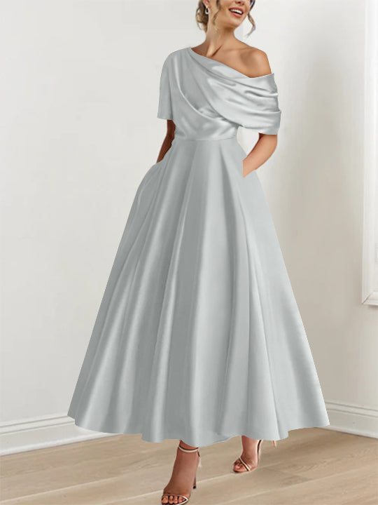 A-Line/Princess One-shoulder Half Sleeve Ankle-Length Mother of the Bride Dresses with Ruffles