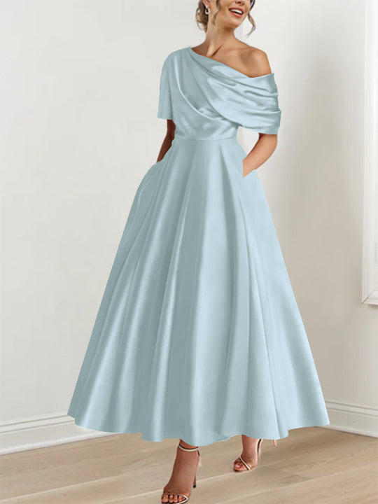 A-Line/Princess One-shoulder Half Sleeve Ankle-Length Mother of the Bride Dresses with Ruffles