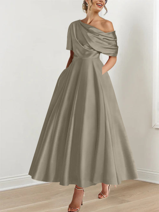 A-Line/Princess One-shoulder Half Sleeve Ankle-Length Mother of the Bride Dresses with Ruffles