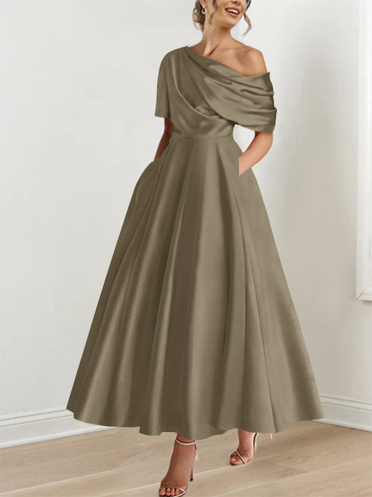 A-Line/Princess One-shoulder Half Sleeve Ankle-Length Mother of the Bride Dresses with Ruffles