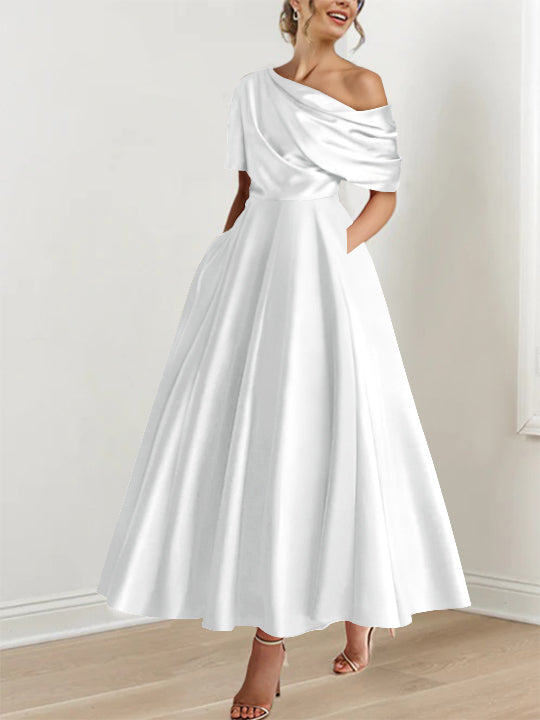 A-Line/Princess One-shoulder Half Sleeve Ankle-Length Mother of the Bride Dresses with Ruffles