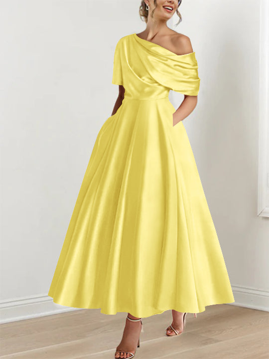 A-Line/Princess One-shoulder Half Sleeve Ankle-Length Mother of the Bride Dresses with Ruffles