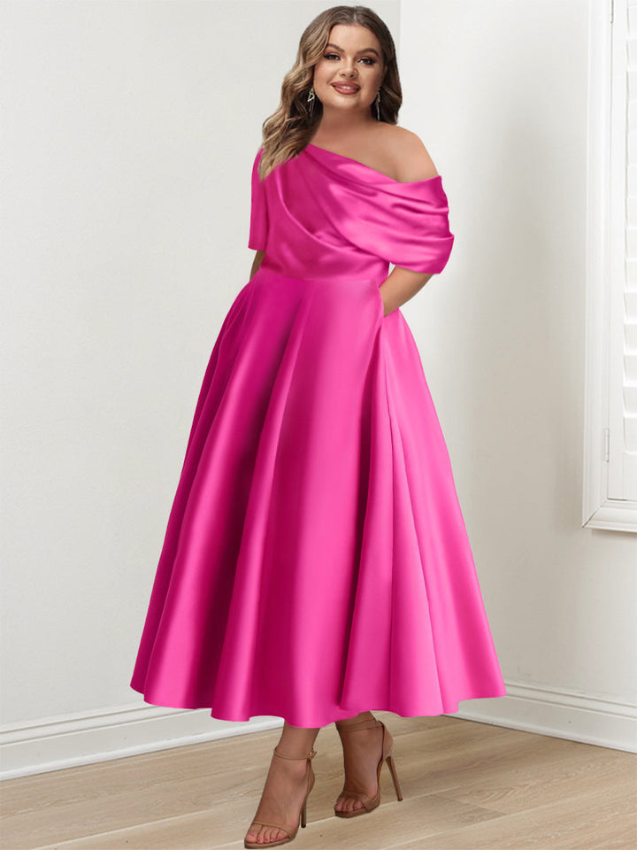 A-Line/Princess One-shoulder Half Sleeve Ankle-Length Mother of the Bride Dresses with Ruffles