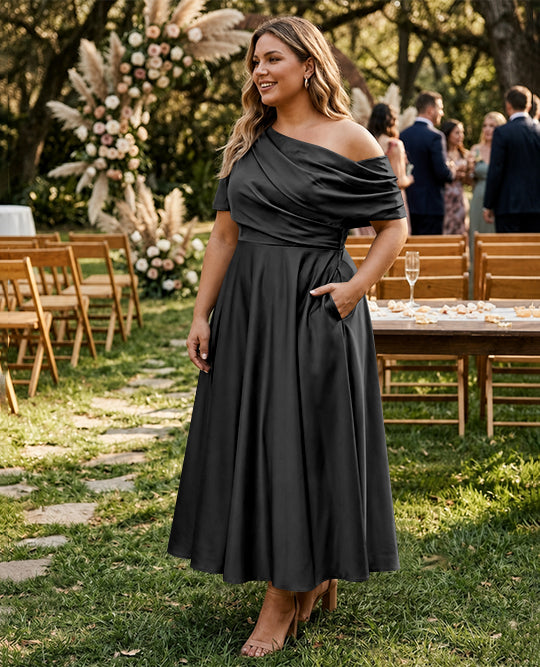 A-Line/Princess One-shoulder Half Sleeve Ankle-Length Plus Size Mother of the Bride Dresses with Ruffles