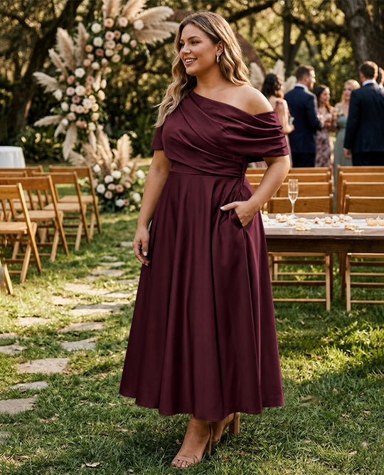 A-Line/Princess One-shoulder Half Sleeve Ankle-Length Plus Size Mother of the Bride Dresses with Ruffles
