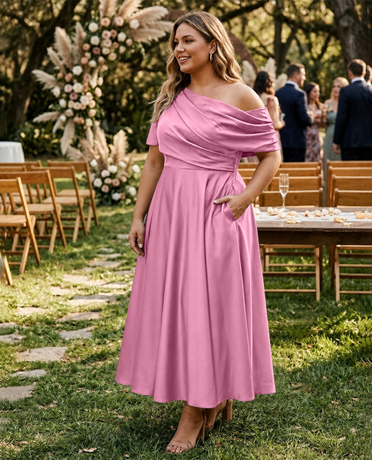 A-Line/Princess One-shoulder Half Sleeve Ankle-Length Plus Size Mother of the Bride Dresses with Ruffles