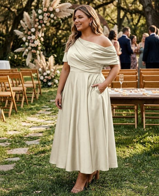 A-Line/Princess One-shoulder Half Sleeve Ankle-Length Plus Size Mother of the Bride Dresses with Ruffles