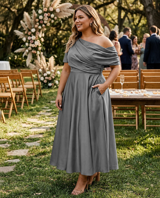 A-Line/Princess One-shoulder Half Sleeve Ankle-Length Plus Size Mother of the Bride Dresses with Ruffles