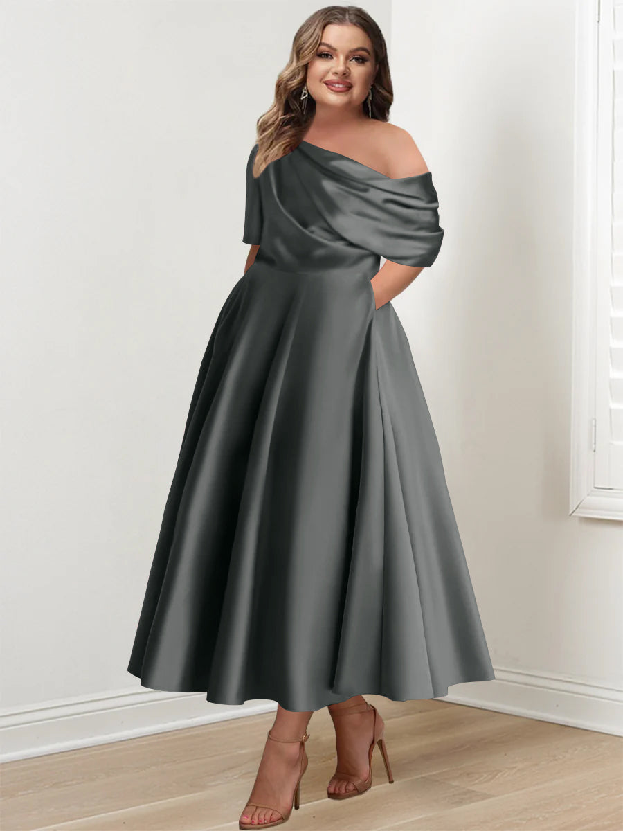 A-Line/Princess One-shoulder Half Sleeve Ankle-Length Plus Size Mother of the Bride Dresses with Ruffles