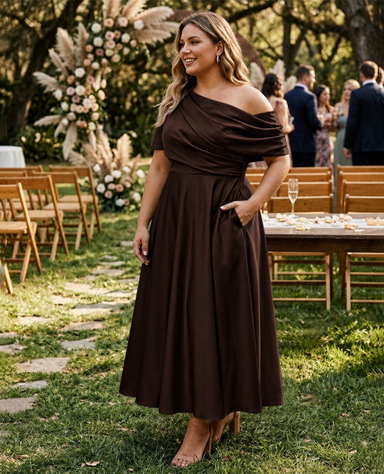 A-Line/Princess One-shoulder Half Sleeve Ankle-Length Plus Size Mother of the Bride Dresses with Ruffles
