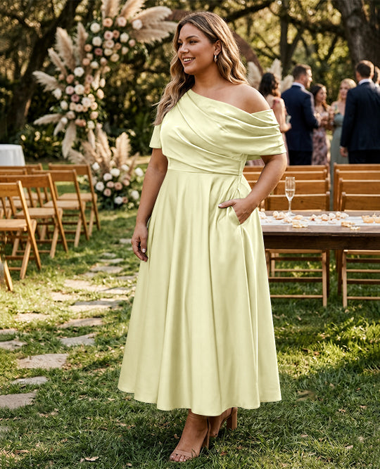 A-Line/Princess One-shoulder Half Sleeve Ankle-Length Plus Size Mother of the Bride Dresses with Ruffles