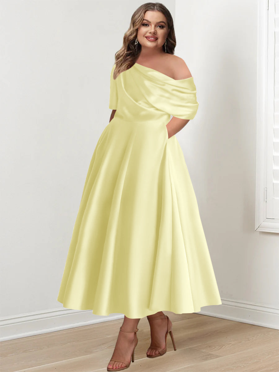 A-Line/Princess One-shoulder Half Sleeve Ankle-Length Plus Size Mother of the Bride Dresses with Ruffles