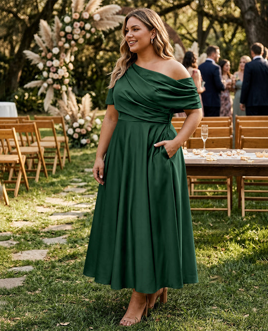 A-Line/Princess One-shoulder Half Sleeve Ankle-Length Plus Size Mother of the Bride Dresses with Ruffles