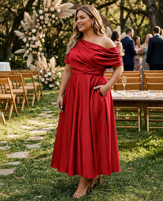 A-Line/Princess One-shoulder Half Sleeve Ankle-Length Plus Size Mother of the Bride Dresses with Ruffles