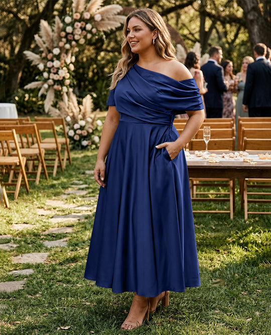 A-Line/Princess One-shoulder Half Sleeve Ankle-Length Plus Size Mother of the Bride Dresses with Ruffles