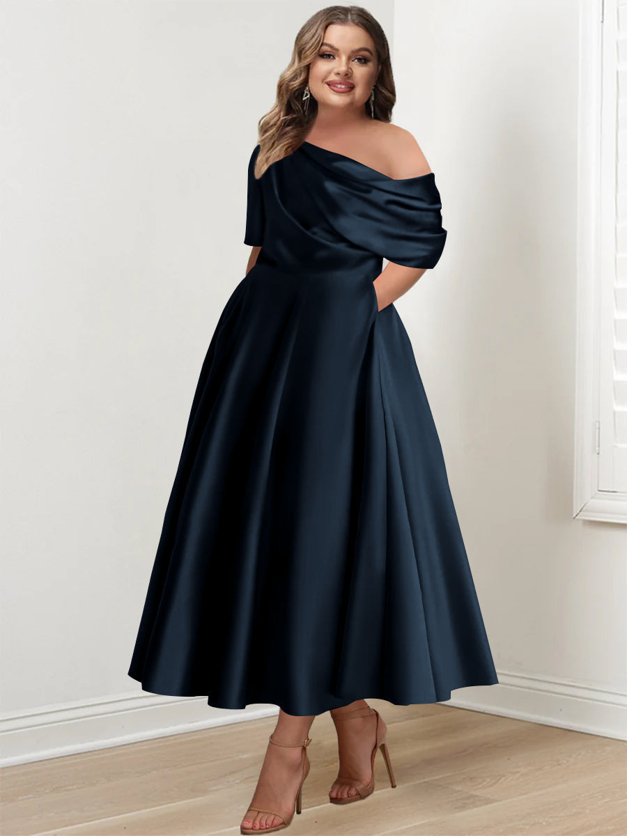 A-Line/Princess One-shoulder Half Sleeve Ankle-Length Plus Size Mother of the Bride Dresses with Ruffles