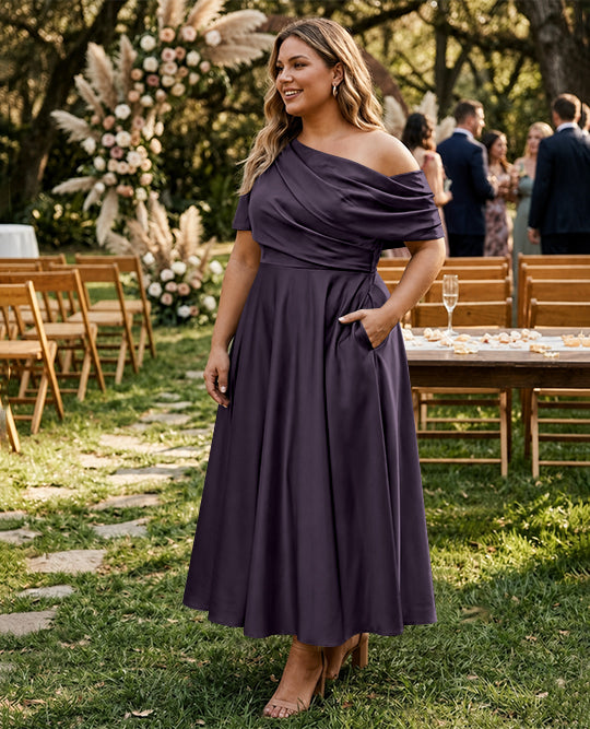 A-Line/Princess One-shoulder Half Sleeve Ankle-Length Plus Size Mother of the Bride Dresses with Ruffles