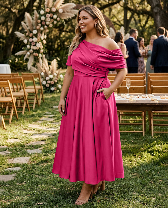 A-Line/Princess One-shoulder Half Sleeve Ankle-Length Plus Size Mother of the Bride Dresses with Ruffles