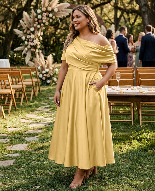 A-Line/Princess One-shoulder Half Sleeve Ankle-Length Plus Size Mother of the Bride Dresses with Ruffles