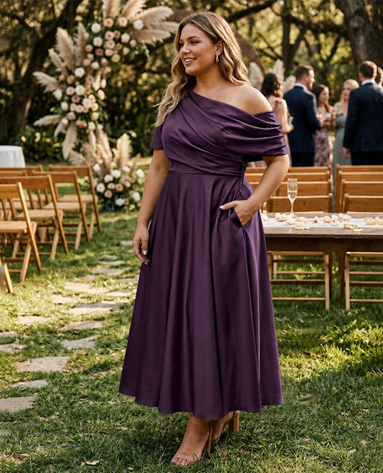 A-Line/Princess One-shoulder Half Sleeve Ankle-Length Plus Size Mother of the Bride Dresses with Ruffles
