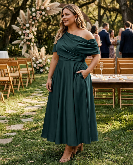 A-Line/Princess One-shoulder Half Sleeve Ankle-Length Plus Size Mother of the Bride Dresses with Ruffles