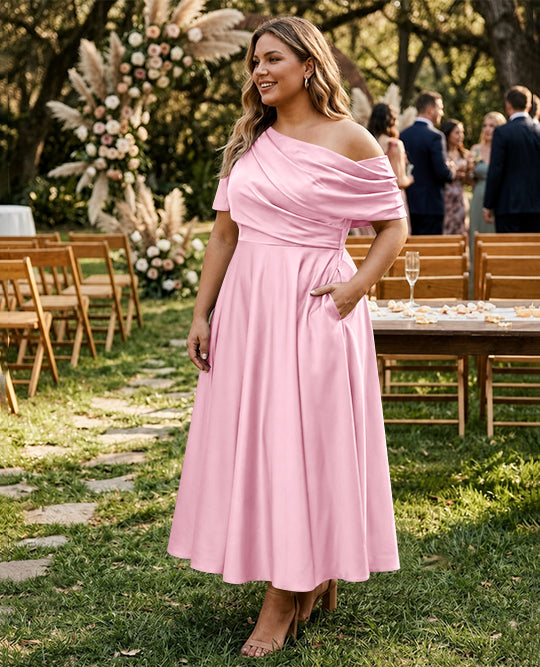 A-Line/Princess One-shoulder Half Sleeve Ankle-Length Plus Size Mother of the Bride Dresses with Ruffles
