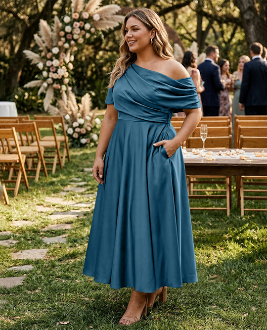 A-Line/Princess One-shoulder Half Sleeve Ankle-Length Plus Size Mother of the Bride Dresses with Ruffles