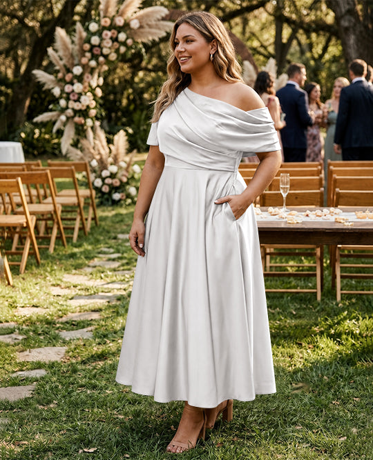 A-Line/Princess One-shoulder Half Sleeve Ankle-Length Plus Size Mother of the Bride Dresses with Ruffles