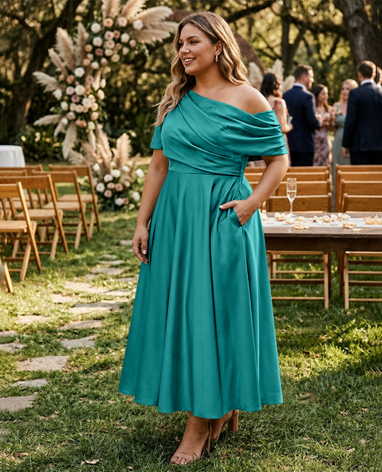 A-Line/Princess One-shoulder Half Sleeve Ankle-Length Plus Size Mother of the Bride Dresses with Ruffles