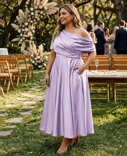 A-Line/Princess One-shoulder Half Sleeve Ankle-Length Plus Size Mother of the Bride Dresses with Ruffles