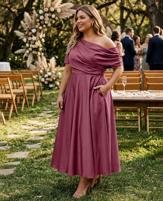 A-Line/Princess One-shoulder Half Sleeve Ankle-Length Plus Size Mother of the Bride Dresses with Ruffles