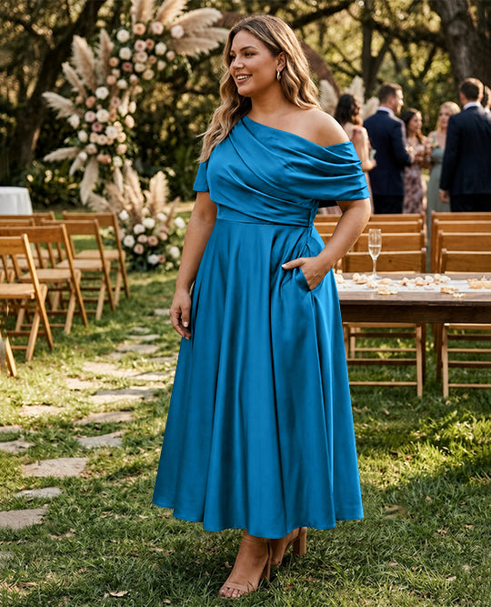 A-Line/Princess One-shoulder Half Sleeve Ankle-Length Plus Size Mother of the Bride Dresses with Ruffles