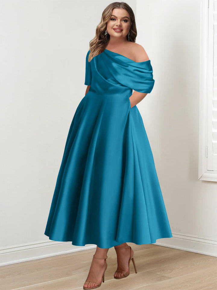 A-Line/Princess One-shoulder Half Sleeve Ankle-Length Plus Size Mother of the Bride Dresses with Ruffles