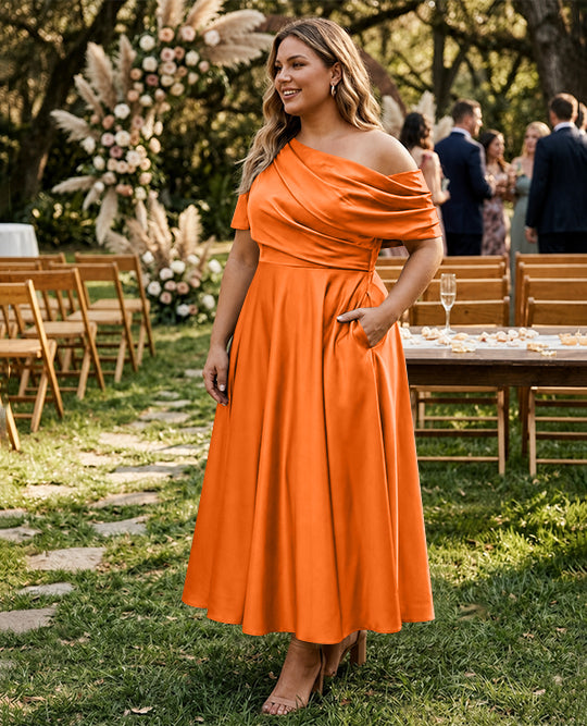 A-Line/Princess One-shoulder Half Sleeve Ankle-Length Plus Size Mother of the Bride Dresses with Ruffles