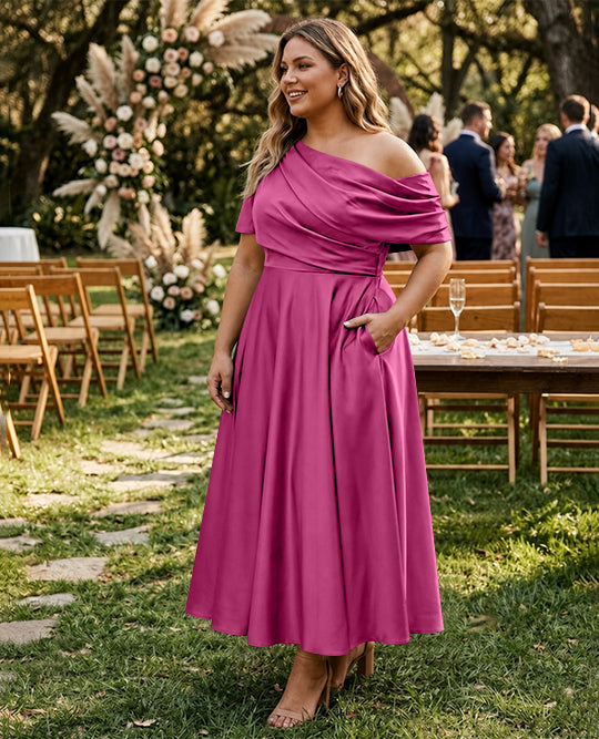A-Line/Princess One-shoulder Half Sleeve Ankle-Length Plus Size Mother of the Bride Dresses with Ruffles