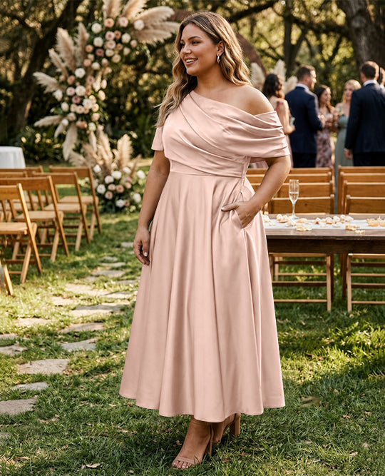 A-Line/Princess One-shoulder Half Sleeve Ankle-Length Plus Size Mother of the Bride Dresses with Ruffles
