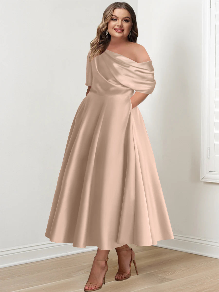 A-Line/Princess One-shoulder Half Sleeve Ankle-Length Plus Size Mother of the Bride Dresses with Ruffles