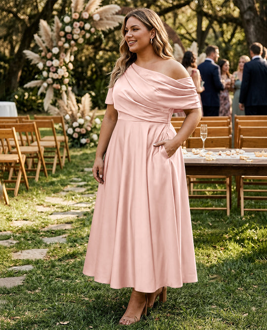 A-Line/Princess One-shoulder Half Sleeve Ankle-Length Plus Size Mother of the Bride Dresses with Ruffles