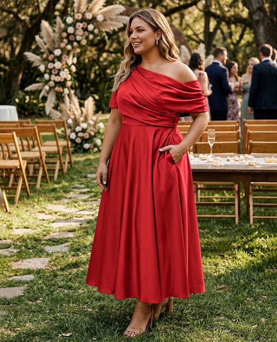 A-Line/Princess One-shoulder Half Sleeve Ankle-Length Plus Size Mother of the Bride Dresses with Ruffles