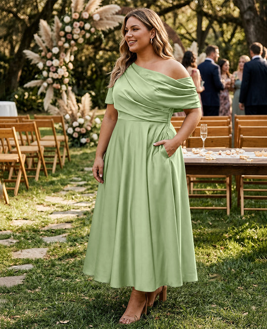 A-Line/Princess One-shoulder Half Sleeve Ankle-Length Plus Size Mother of the Bride Dresses with Ruffles