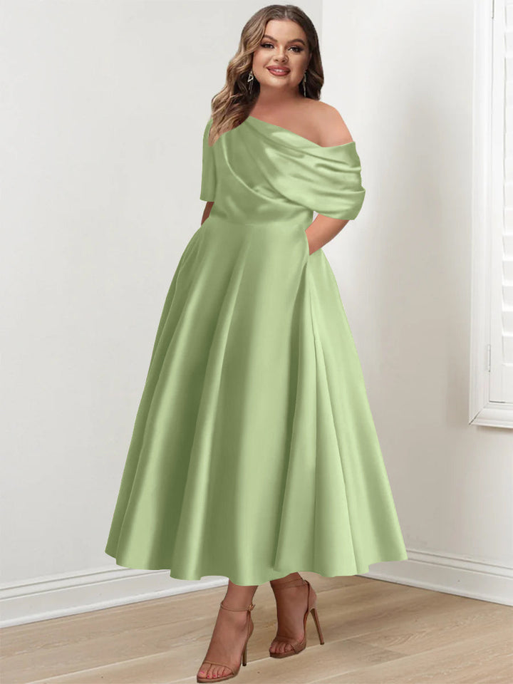 A-Line/Princess One-shoulder Half Sleeve Ankle-Length Plus Size Mother of the Bride Dresses with Ruffles