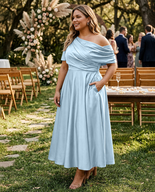 A-Line/Princess One-shoulder Half Sleeve Ankle-Length Plus Size Mother of the Bride Dresses with Ruffles