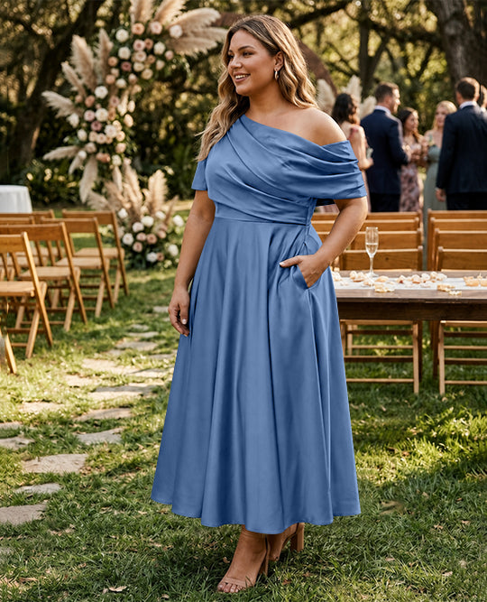 A-Line/Princess One-shoulder Half Sleeve Ankle-Length Plus Size Mother of the Bride Dresses with Ruffles